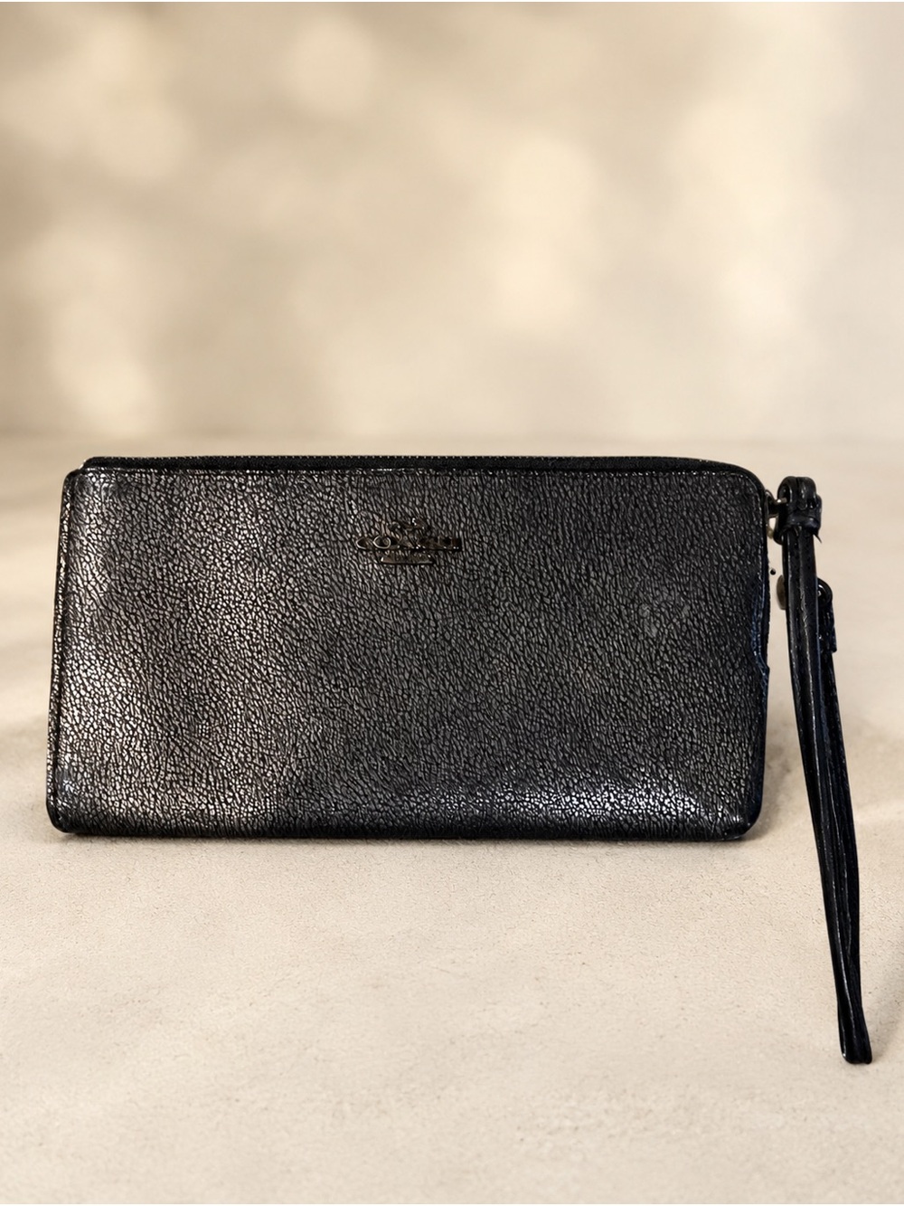 Coach Metallic Gunmetal Leather Phone Wallet Wristlet Zip Around